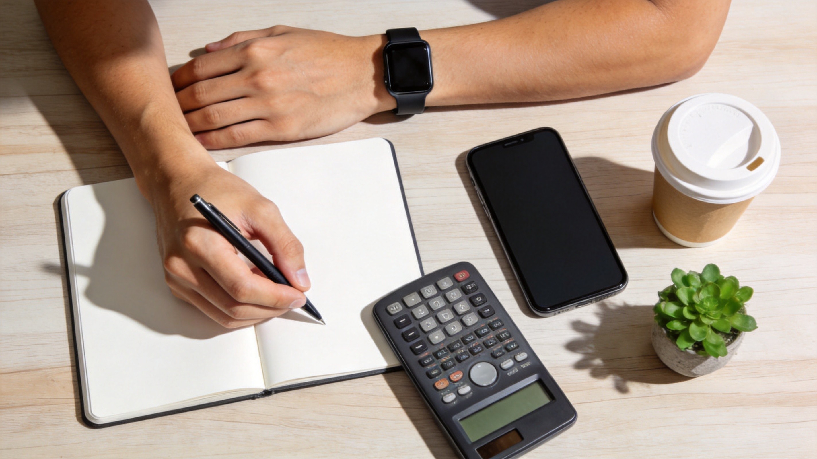 Younger person tracking annual spending and retirement savings in a blank notebook with a calculator