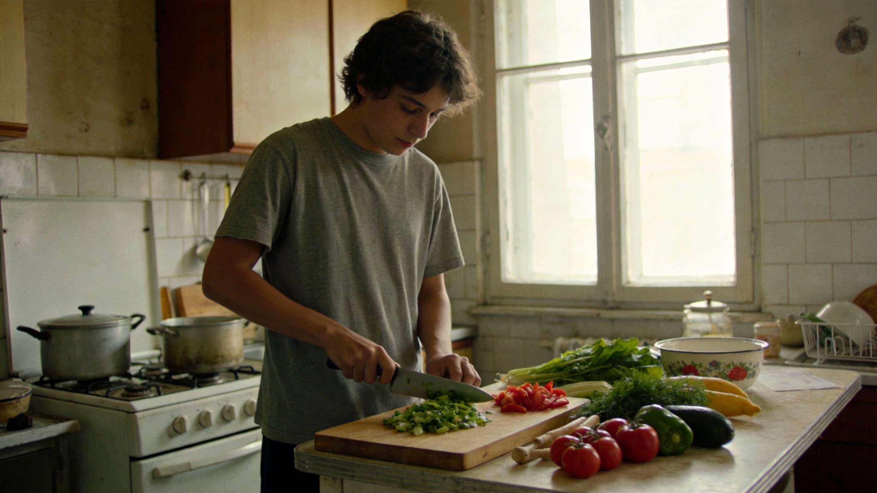 A young adult chopping fresh vegetables in a sunlit home kitchen